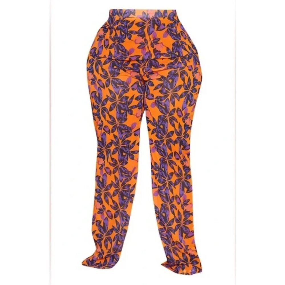 PrettyLittleThing Womens High-Waisted Sheer Pants Sz12 Beach Flares Floral pants